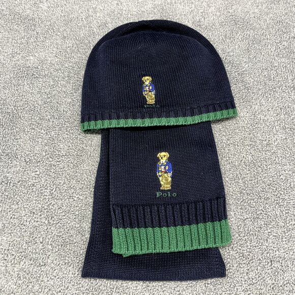 Polo Ralph Lauren Hat & Scarf Teddy Bear Navy Blue Green knit Cotton 8-20 Youth - Picture 9 of 15